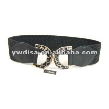 Black Elastic And Real Leather Belts For Women With Leopard Buckle